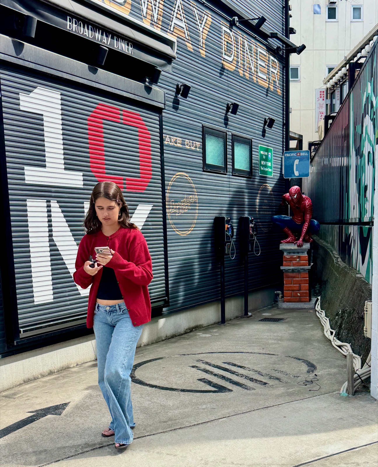 Seraphima at Broadway Diner with Spider-Man statue, Yoyogi