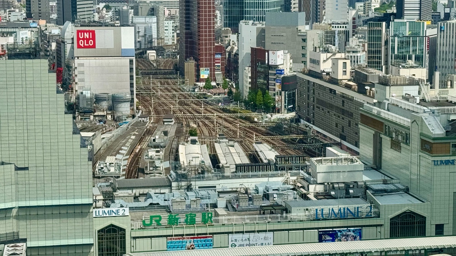Shinjuku Station aerial view from the hotel &mdash; JR tracks, LUMINE, UNIQLO
