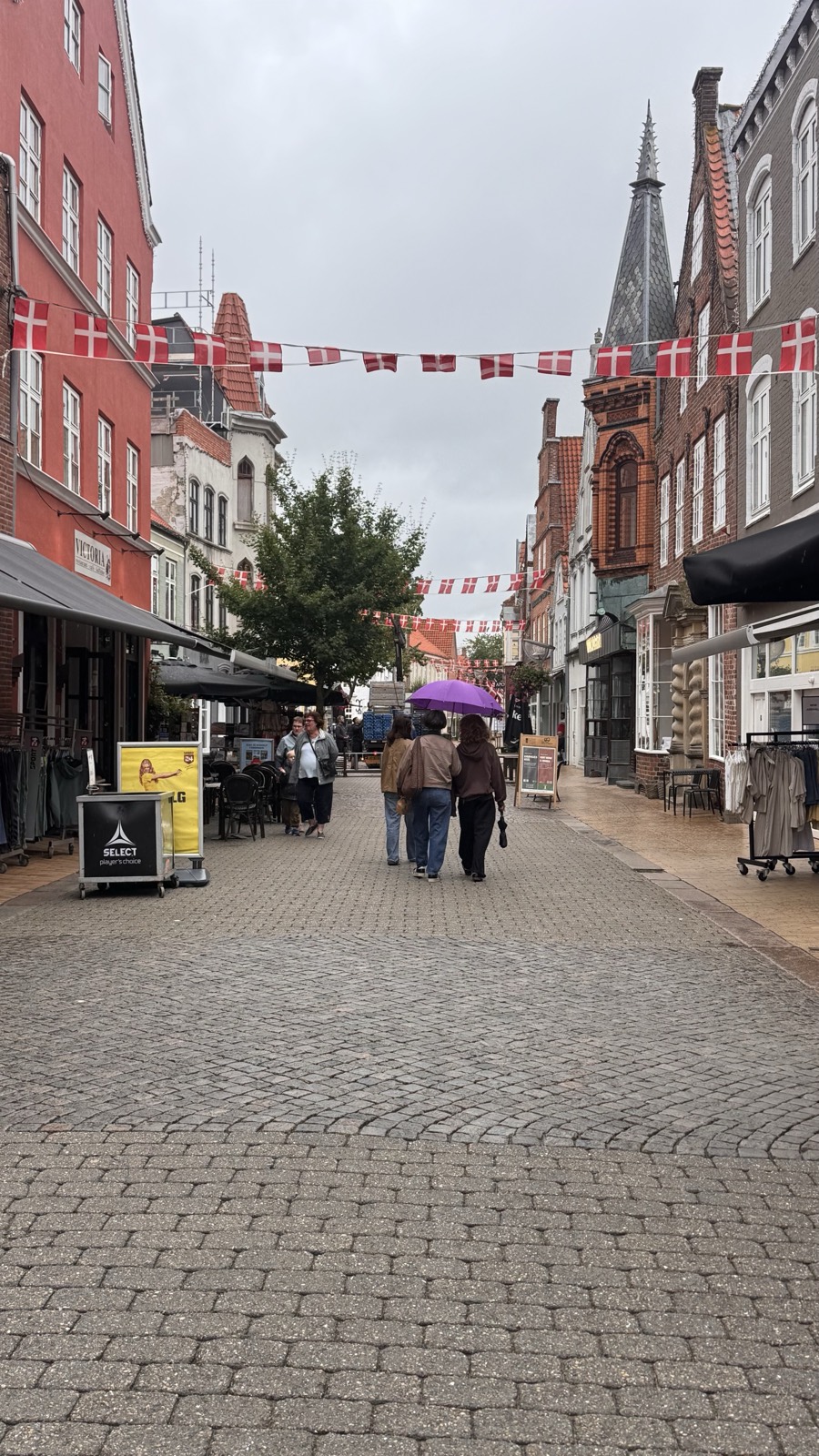 Tønder pedestrian street under Danish flag bunting